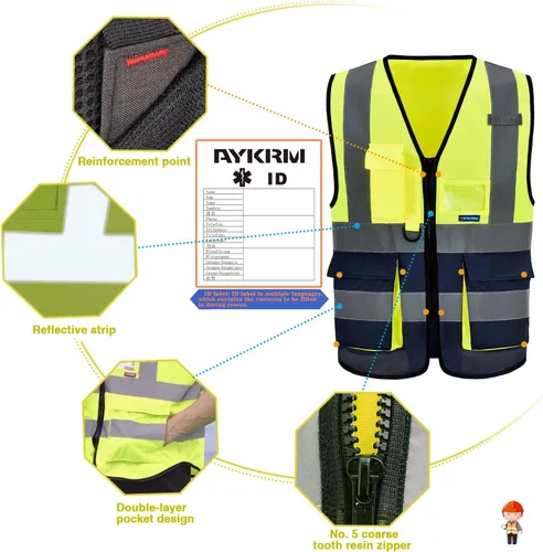 Miniatura 3 de A-SAFETY Chaleco de seguridad de alta visibilidad con 4 tiras reflectantes y 7 bolsillos, color amarillo y azul marino, talla XS