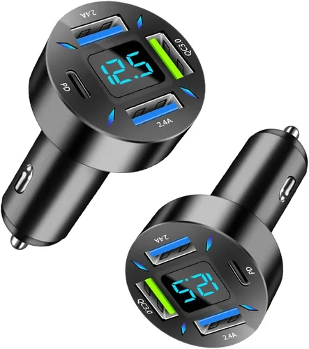 Miniatura 9 de Cargador de coche USB rápido de 66 W con voltímetro pantalla de luz LED, adaptador de cargador de coche compatible con iPhone 1pcs negro