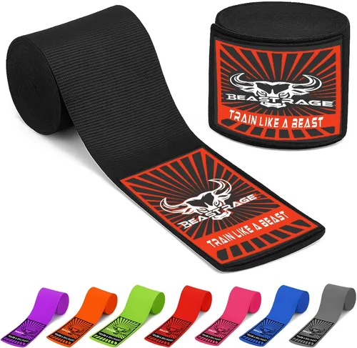 BEAST RAGE Vendas para manos de boxeo para MMA Kickboxing, muñequeras profesionales para adultos de 180" con banda elástica semi-elástica, guantes