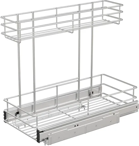 Miniatura 7 de Organizador de gabinete extraíble de 2 niveles para debajo del fregadero, cesta de estante de alambre deslizante para gabinetes de base de cocina, 9