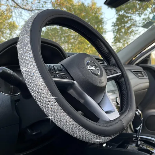 Miniatura 25 de PINCTROT Bling Bling - Funda para volante cómoda con diamantes de imitación de cristal gigante, piel de diamante antideslizante, universal de 15 2.