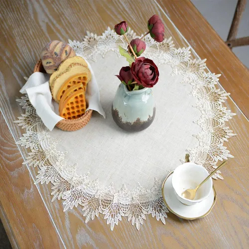 Miniatura 8 de ARTABLE Tapete de Mesa Redondo de Encaje Gris de Lino, Camino de Mesa, Mantel Individual Pequeño para Mesa de Café, Estilo Rústico de Granja