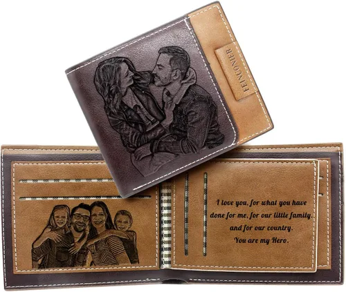 Carteras grabadas personalizadas foto cuero cartera hombres,marido,papá,hijo,regalos personalizados, Estilo 3 - Rojo Marrón, Estándar,