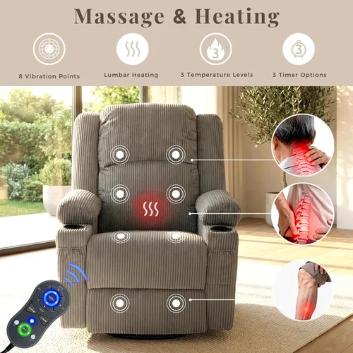 Miniatura 4 de Silla reclinable giratoria de 360 grados con calor y masaje, planeador reclinable manual de pana suave con puerto USB, 2 portavasos y 4 bolsillos