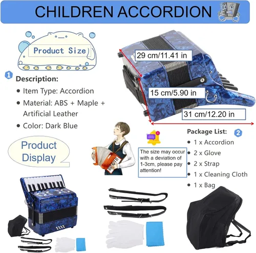Miniatura 4 de Acordeones Para Adultos, Acordeón De Adulto Azul 22 Teclas 8 Bass Acordeón Instrumento Con Correas Ajustables Y Sonido Dulce Acordeón Portátil Para