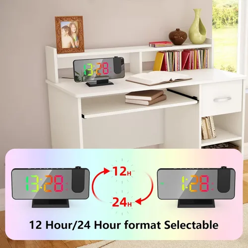 Miniatura 8 de Reloj despertador de proyección para techo de dormitorio, proyector giratorio de 180°, espejo RGB de 7.4 pulgadas, pantalla digital LED, alarma dual