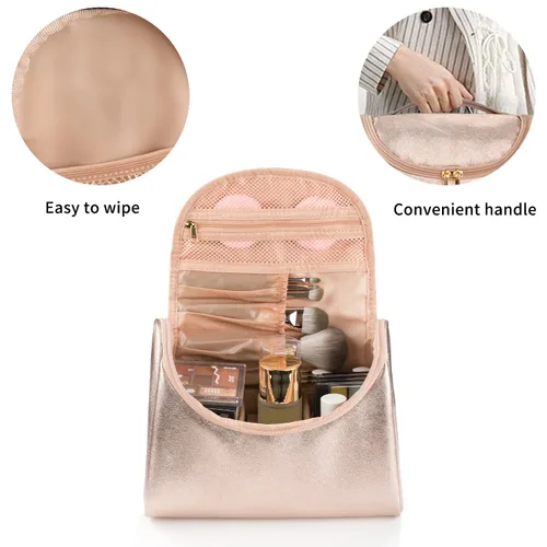 Miniatura 6 de Elegante estuche de maquillaje y aseo de viaje para mujer; estuche organizador de brochas y maquillaje de gran capacidad y hecho de cuero vegano
