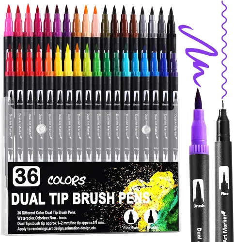 TOSHARE Marcadores de acuarela de 36 colores y punta fina de doble punta para libros de colorear para adultos, bolígrafos de pintura sin sangrado