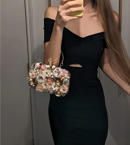Miniatura 3 de Bolso de noche floral para mujer, bolso de mano con cuentas de flores con correa de cadena, bolsa de hombro para fiesta formal y boda