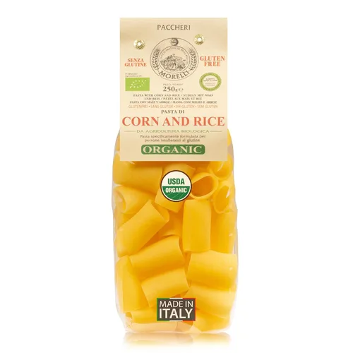 Morelli Paccheri Pasta orgánica, grande, sin gluten hecha de maíz y arroz, pasta sin gluten de Italia, pasta gourmet italiana, 8.8 onzas (paquete de