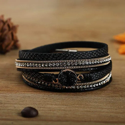 Miniatura 4 de Fesciory - Pulseras envolventes de cuero para mujer, brazaletes con cuentas de cristal de leopardo, estilo bohemio, multicapa