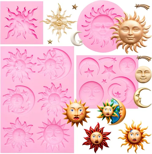 Miniatura 14 de Juego de moldes de silicona, formas de estrella de sol y luna, rosa, moldes para hornear dulces de chocolate, 5 piezas con temática celestial