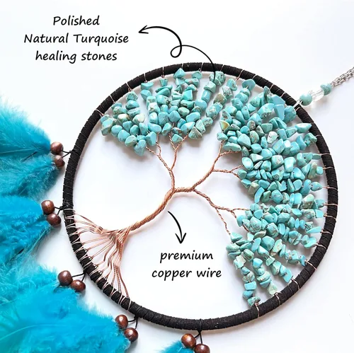 Miniatura 4 de Atrapasueños, Atrapasueños Árbol de la Vida Decoración de Pared, con Piedra de Cristal Curativo Natural, Atrapasueños Perfecto Turquesa Hecho a Mano
