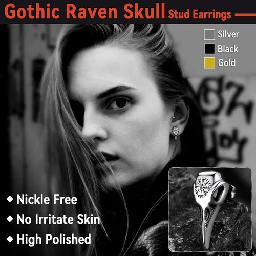 Miniatura 2 de FaithHeart Viking Raven Earrings for Men Sturdy Stainless Steel Punk Rock Earrings Lightweight Hypoallergenic Ear Jewelry with Gift Box