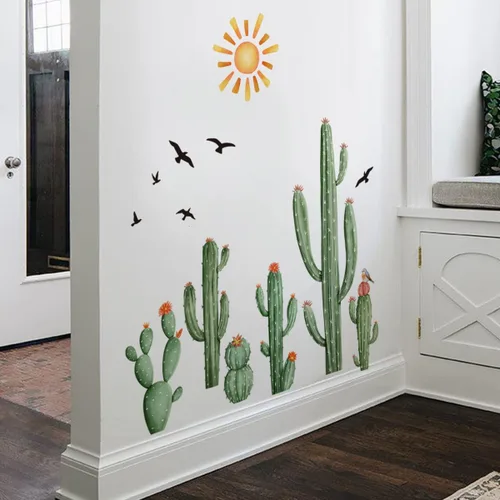 Miniatura 6 de Calcomanías de Pared de Cactus Boho Calcomanías de Pared de Sol Boho Plantas Tropicales de Cactus Verdes con Pájaros Calcomanías de Pared para Sala