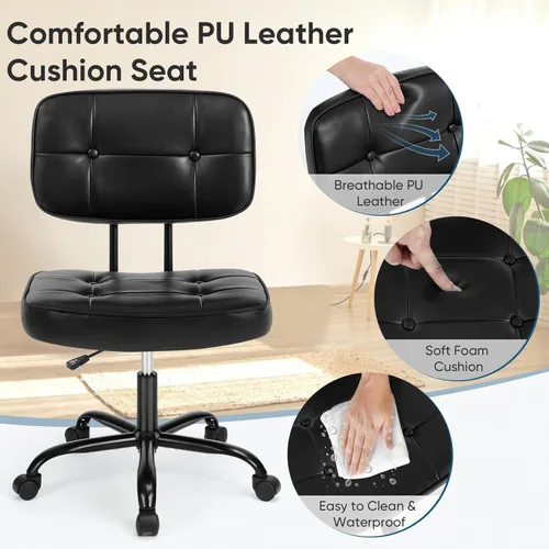 Miniatura 4 de DUMOS Silla de escritorio de oficina en casa, silla ergonómica de piel sintética sin brazos, con cómodo soporte lumbar y altura ajustable, tocador