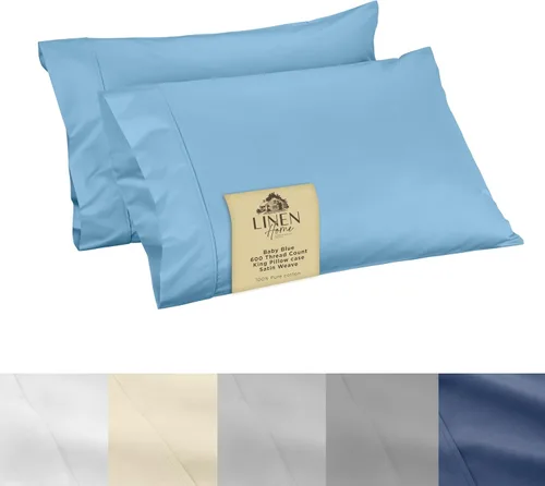 Miniatura 55 de Linen Home Juego de fundas de almohada King de 500 hilos, fundas de almohada 100 % algodón de fibra larga, juego de 2 fundas de almohada de satén