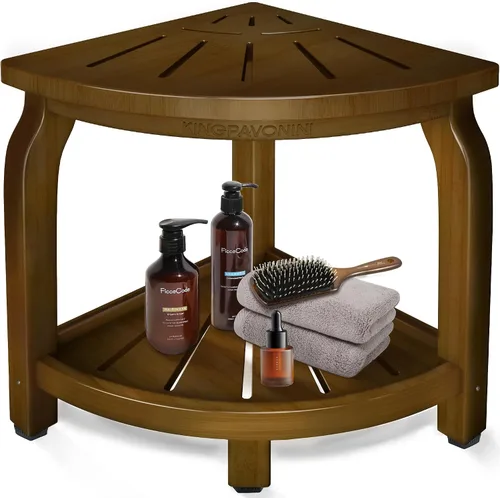 KingPavonini Taburete de ducha de esquina de bambú para afeitarse las piernas, reposapiés, asiento de baño impermeable con estante de almacenamiento