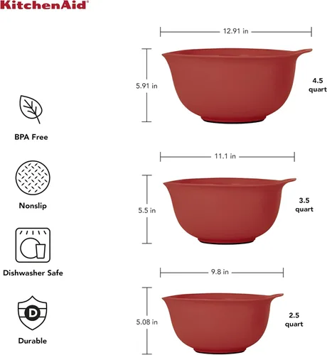 Miniatura 3 de KitchenAid Juego de 3 cuencos universales para mezclar, color rojo imperio