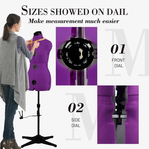 Miniatura 4 de Formas de vestido para costura, maniquí femenino morado ajustable talla 6-14, cuerpo de modelo que se puede sujetar con alfileres con 13 diales