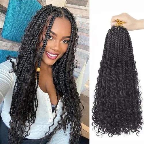 Miniatura 89 de Goddess Box Braids - Trenzas de cabello a ganchillo con extremos rizados, trenzas de caja bohemianas de 16 pulgadas, trenzas de ganchillo, 8 1B-4-30