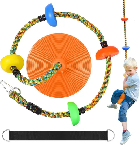 Columpio de árbol para niños, juego de cuerda de escalada de asiento de un solo disco resistente con correa para colgar y mosquetones de plataforma