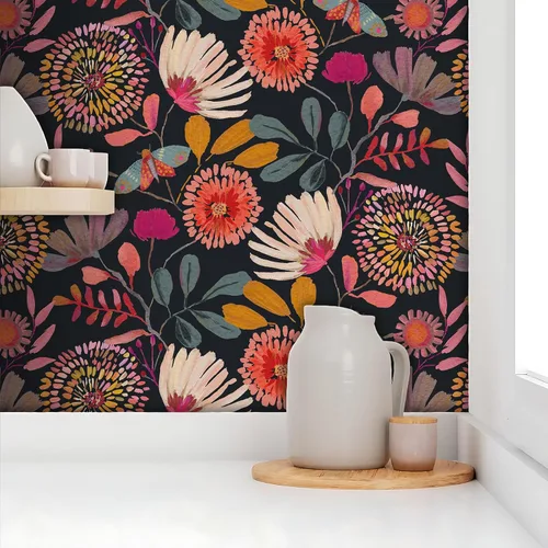 Miniatura 3 de Papel tapiz floral para despegar y pegar, extraíble, impermeable, azul marino/rosa/naranja, papel de contacto para dormitorio, baño, pared