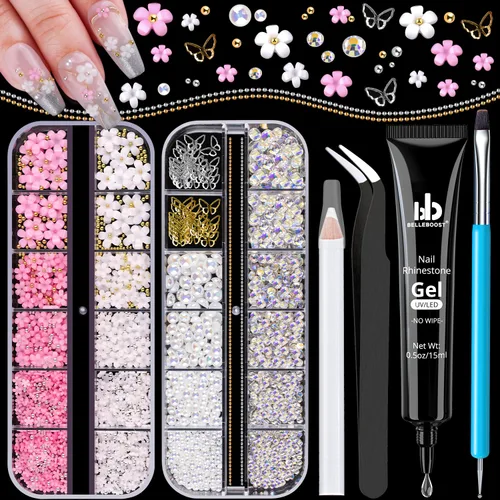 Dijes para uñas 3D, kit de manicura con gel de pegamento de diamantes de imitación para uñas (curado UV), mariposa blanca rosa flor gemas AB 03-2