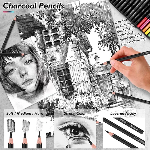 Miniatura 5 de Soucolor Paquete de 73 suministros de arte para adultos, regalos de artistas, suministros escolares, lápices de dibujo con cuaderno de bocetos