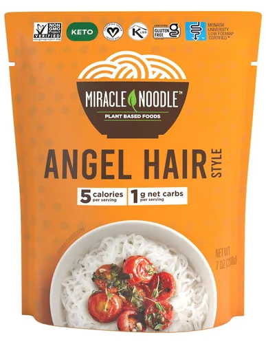 Miracle Noodle Angel Hair Shirataki - Fideos Konjac listos para comer, aptos para dieta cetogénica, paleo, veganos, sin gluten, bajos en