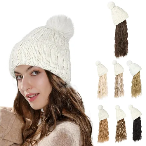 Miniatura 14 de Flufymooz Gorro con peluca, extensión de pelo con gorro de piel sintética con pompón largo ondulado rizado, peluca con gorro adjunto de 20 pulgadas
