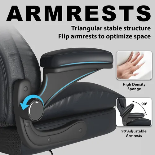 Miniatura 5 de Hovos Silla de oficina, ergonómica grande y alta silla de cuero de escritorio con brazos abatibles acolchados, bloqueo de inclinación ajustable