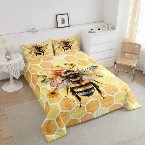 Miniatura 3 de Erosebridal Honey Bee - Juego de edredón tamaño individual, color negro y dorado, juego de edredón de animales lindos con diseño geométrico de panal