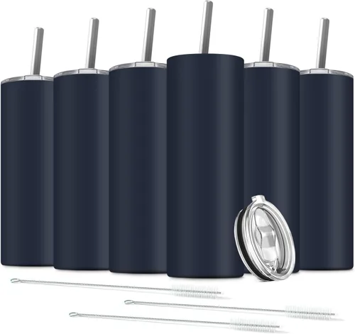 Miniatura 25 de Paquete de 6 vasos delgados de acero inoxidable, vaso de agua de doble aislamiento de 20 onzas con 6 popotes y 3 cepillos, taza de viaje al vacío
