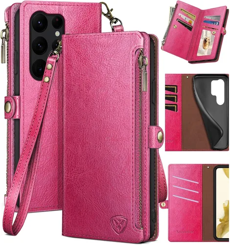 Miniatura 13 de XcaseBar Funda tipo cartera para Samsung Galaxy S23 Ultra con cremallera【Bloqueo RFID】 Soporte para tarjeta de crédito, libro de folio con tapa Rojo