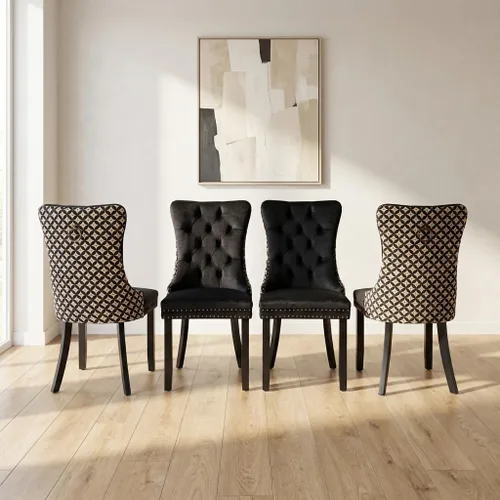Miniatura 111 de OVENTA Juego de 4 sillas de comedor modernas tapizadas copetudas, terciopelo negro y gris y cuero con patas de madera maciza, sillas de cocina