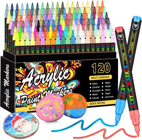 Marcadores de pintura acrílica de 120 colores, punta extrafina para pintura en roca, lienzo, madera, cerámica, vidrio, secado rápido y no tóxico