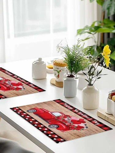 Miniatura 9 de Juego de 4 manteles individuales para el día de San Valentín para mesa de comedor, camión con globos y rosas románticos de arpillera de corazón rosa