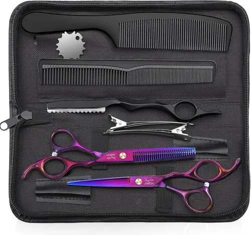 JASON Tijeras profesionales para el cabello – Juego de 10 tijeras de corte de pelo, tijeras para adelgazar el cabello con 30 dientes, tijeras rectas