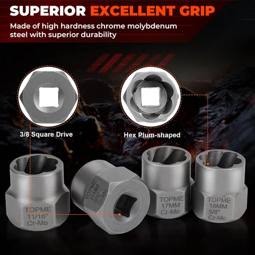 Miniatura 3 de Kit extractor de pernos, juego de 14 piezas de removedor de tuercas de acero CR-MO grado impacto, dado de 3/8" para remover pernos