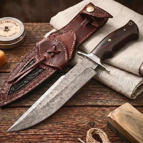 BIGCAT ROAR Raptor - Cuchillo de caza hecho a mano de acero de Damasco con hoja fija de 13.2 pulgadas, mango de madera de nogal y funda de cuero,