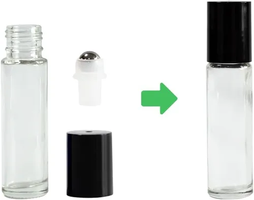 Miniatura 3 de Botellas de vidrio transparente de 0.3 fl oz con bolas de rodillo de acero inoxidable y tapas negras, paquete de 24 (transparente)