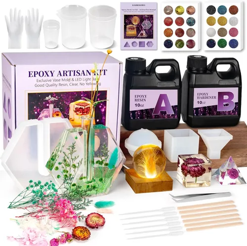 K KERNOWO Kit de resina epoxi con luz para principiantes, kit de resina y moldes, juego completo de manualidades para adultos y mujeres, juego de