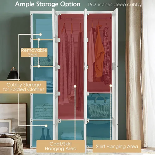 Miniatura 5 de Tangkula Armario Closet Portátil, Organizador de Ropa Plegable con Almacenamiento de Cubículos, Varillas para Colgar, Fácil de Ensamblar