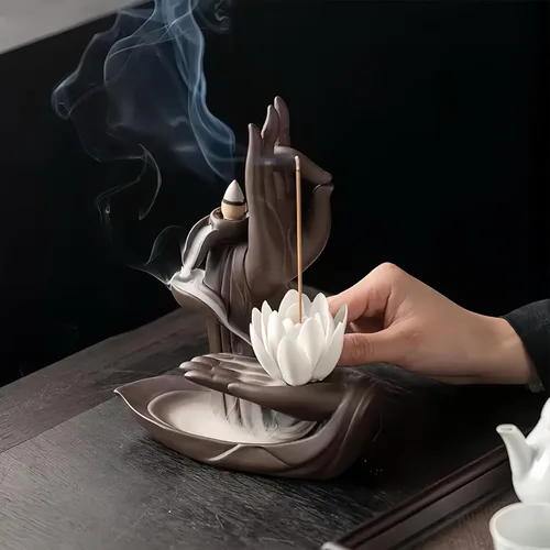 Miniatura 2 de Quemador de Incienso de Reflujo de Mano Lotus - Soporte de Incienso de Conos de Cerámica Quemador de Incienso Cascada y Fuente de Cascada