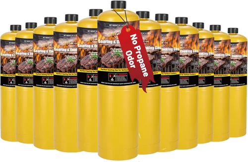 Kit de 12 paquetes de gas MAPP de 14.1 onzas, 99.99% de alta pureza, igual a gas MAP más caliente que el propano sin olor, para cocinar, gas de