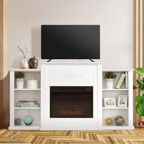 Miniatura 5 de MFSTUDIO Soporte de TV eléctrico grande de 70 pulgadas con chimenea de granja blanca, consola central de entretenimiento multimedia con chimenea