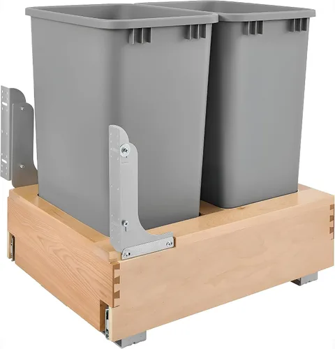Rev-A-Shelf Botes de basura dobles extraíbles de 50 cuartos de galón para debajo del gabinete con sistema de deslizamiento suave de apertura y