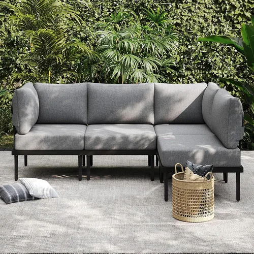Sundale Outdoor Juego de 4 piezas de muebles de metal para patio, sofá seccional para exteriores con cojín de olefina de 6 pulgadas, modernos juegos