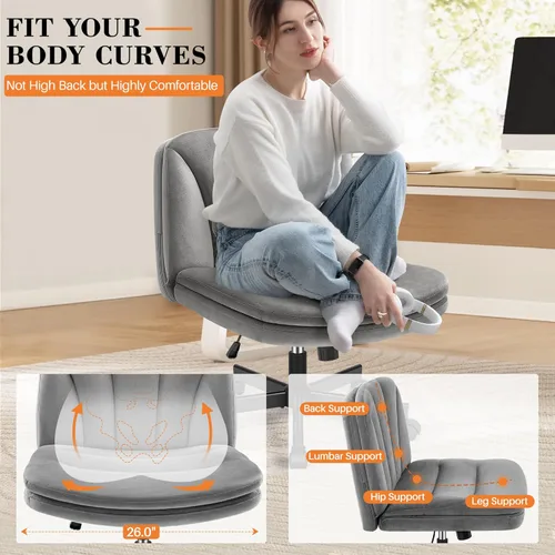 Miniatura 4 de FelixKing Silla Criss Cross con Ruedas, Silla de Oficina con Patas Cruzadas, Silla de Escritorio de Tocador Ancha sin Brazos con 2 Capas de gris